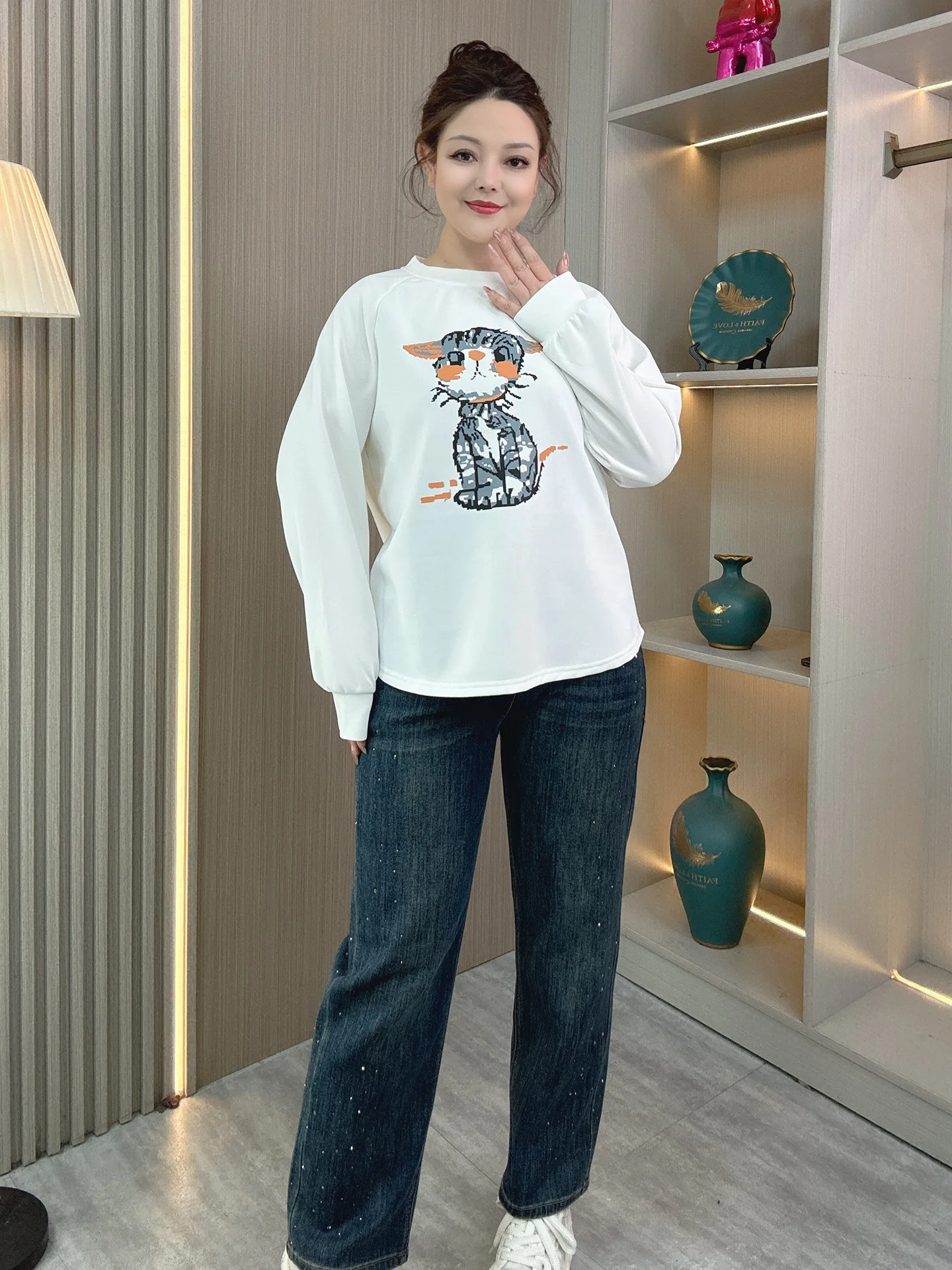 

plus Size Women's Casual Sweatirt Loose Slimming Tummy Covering oulder Sve Insertion Base irt Top for Spring