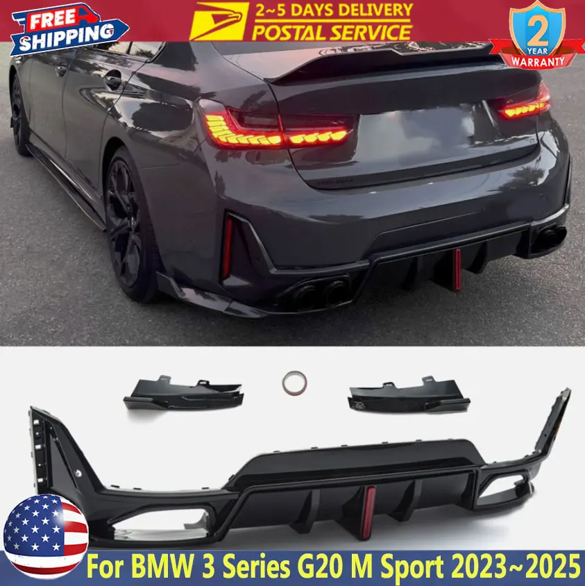 Diffusore paraurti posteriore nero lucido per BMW Serie 3 G20 G28 330i M340i M Sport 2023 ~ 2025 con spoiler per labbro diffusore coda luce LED