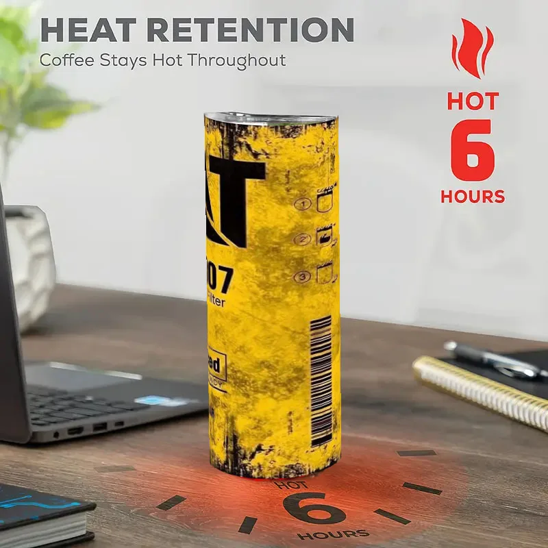 فلتر زيت المحرك المعزول من الفولاذ المقاوم للصدأ سعة 20 أونصة، أصفر مزدوج الجدار مع القش والغطاء، كوب سيارة للمشروبات الساخنة الباردة