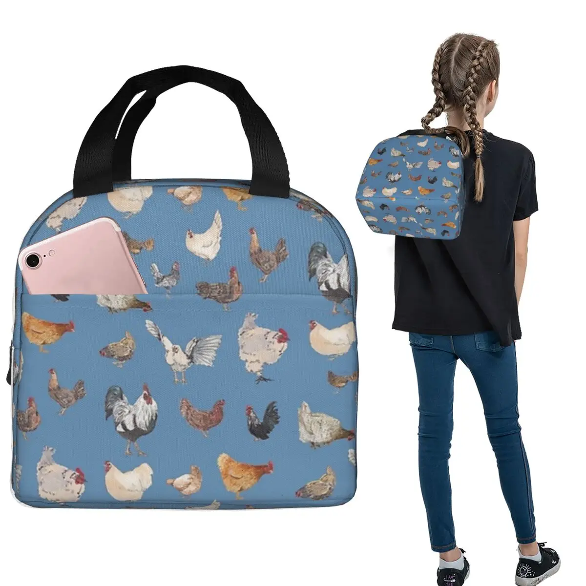 Chicken Happy Print Insulated Lunch Bag for Women Children Portable Food Boxes Thermal Lunch Box Tote