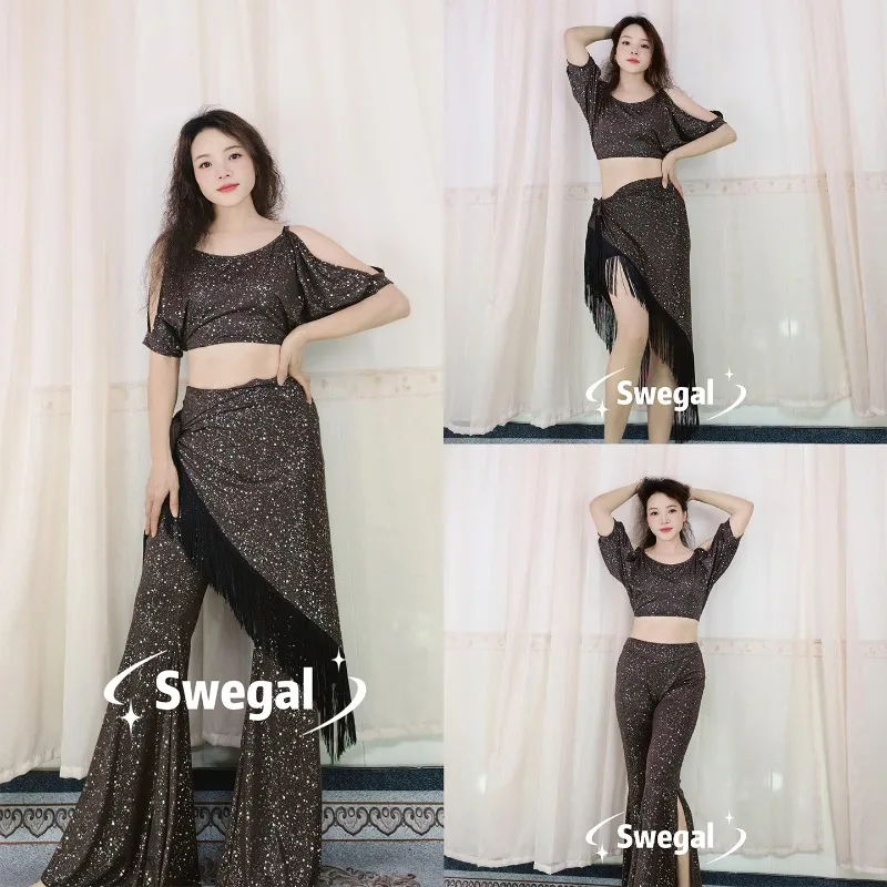 

Customized Belly Dance Practice Clothes Hot Silver Coffee Color Large Swing Pants Set for Beginners Large Eastern Dance Costumes