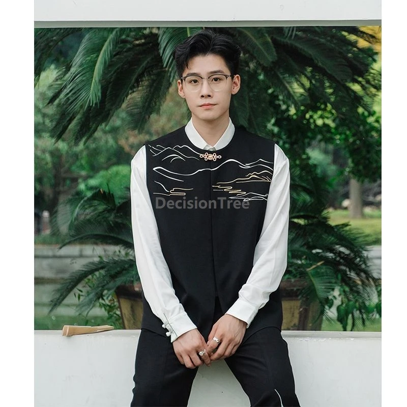 

2025 new chinese style landscape embroidery vest classic versatile shirt elegant casual straight pants men's three-piece set