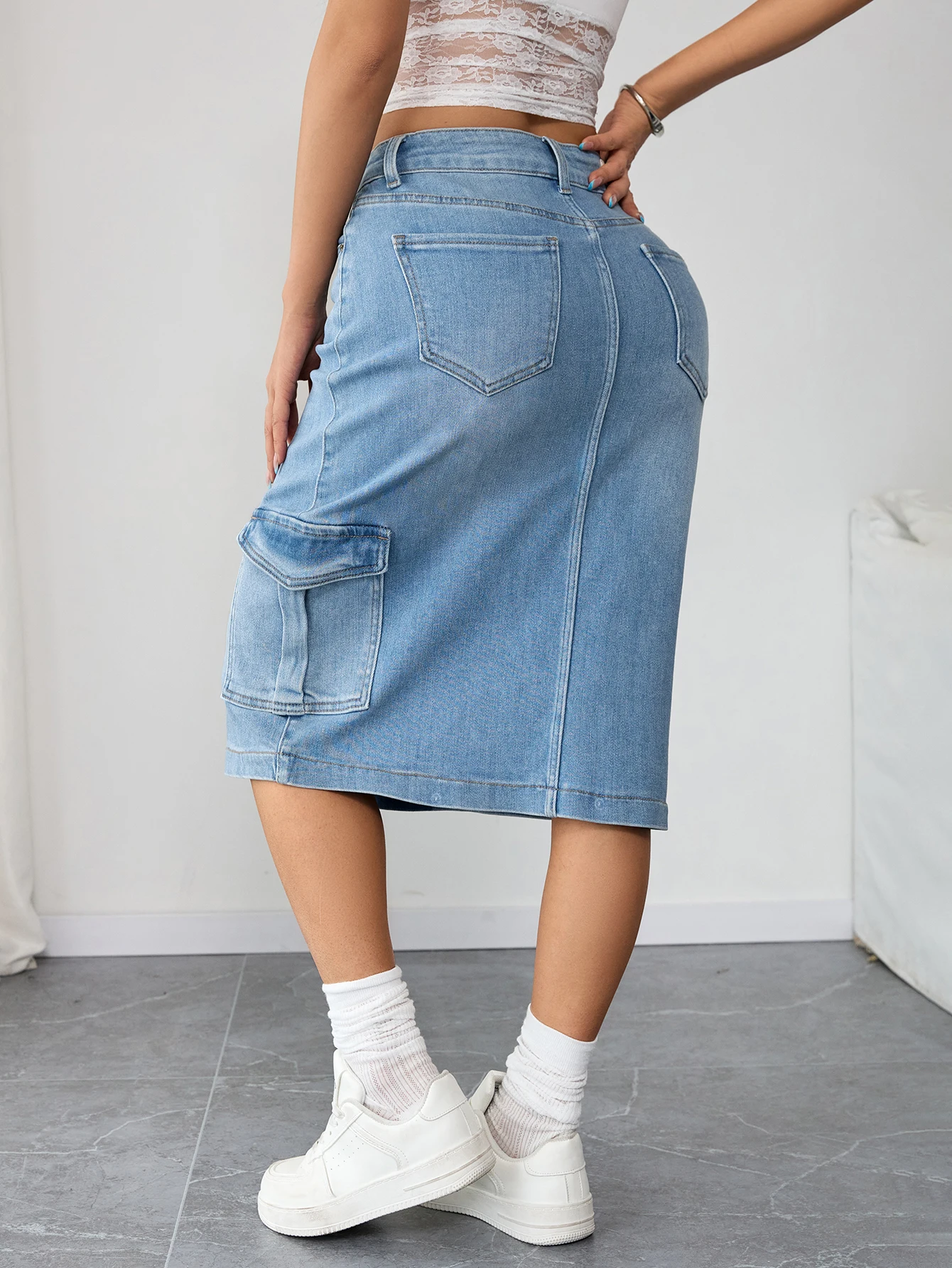 스타일리시 여성 데님 미디 스커트 하이 웨이스트 슬림 카고 진 스커트 여성 패션 팬츠 대안