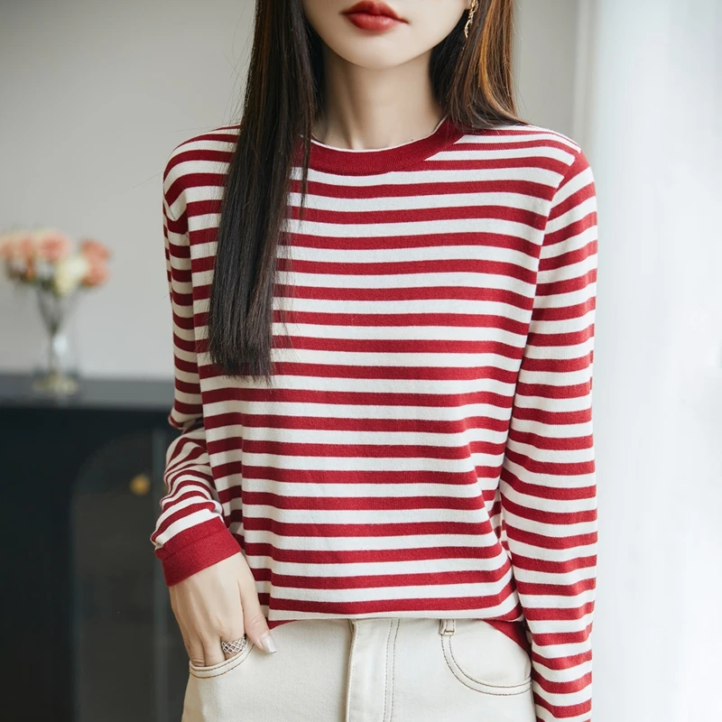 

Autumn and Winter New Women's O-neck Pullover 100% Cotton Fashion Striped Sweater Loose Hot Selling Women's Top