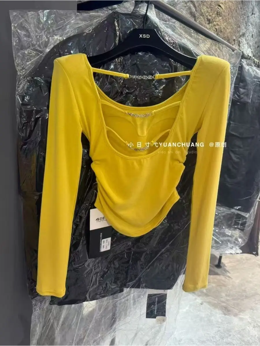 Damskie seksowne koszulki z długim rękawem i odkrytymi plecami, z poduszkami na ramionach, jesienne, jednolite bluzki z okrągłym dekoltem, obcisłe, podstawowe koszulki w stylu \"hot sweet\" od SY'sYouthfully.