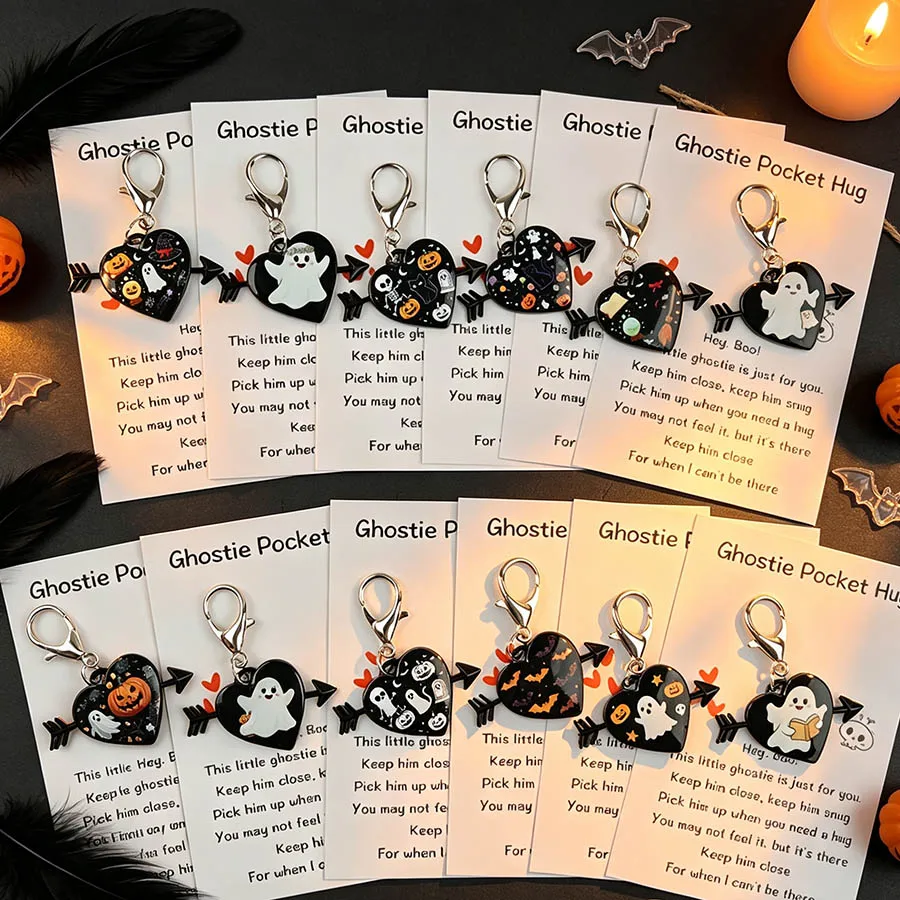 12 Halloween Heart-Shaped Arrow Keychains with Cartoon Ghosts, Pumpkins, Bats, and Skulls, Very Suitable as Halloween Gifts, Decorative Bag Charms, Party Favors, and Ideal Halloween Decoration Gifts for Friends and Family.