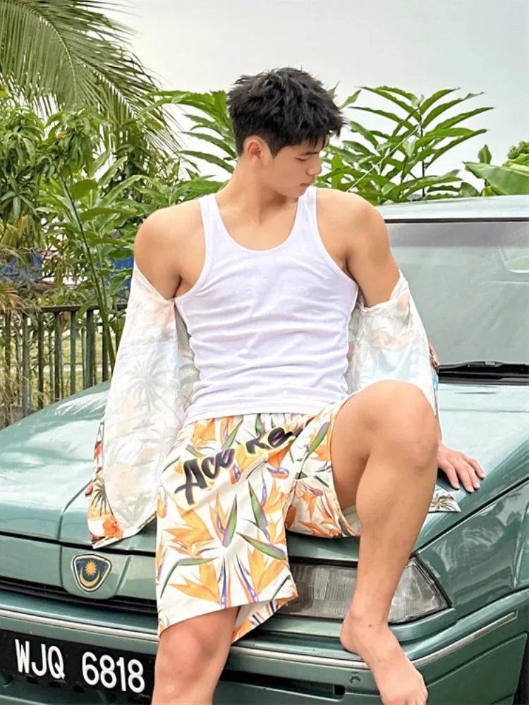 XXXL Hawaiian beach shorts men ins chic ice silk cool pants summer loose trendy sport casual capris shorts holiday festival wear
