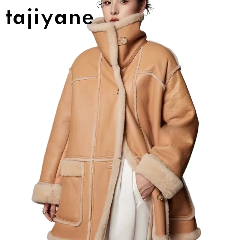 TAJIYANE جلد الغنم ميرينو الطبيعي مع الصوف المرفقة سترة المرأة قسط منتصف طول معطف الفرو 2025 ملابس الشتاء امرأة fourrure