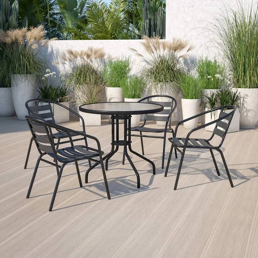 Aluminum Slat Back Stacking Outdoor Restaurant Chairs, Modern Stackable Patio Chairs for Restaurants, Set of 4, Black