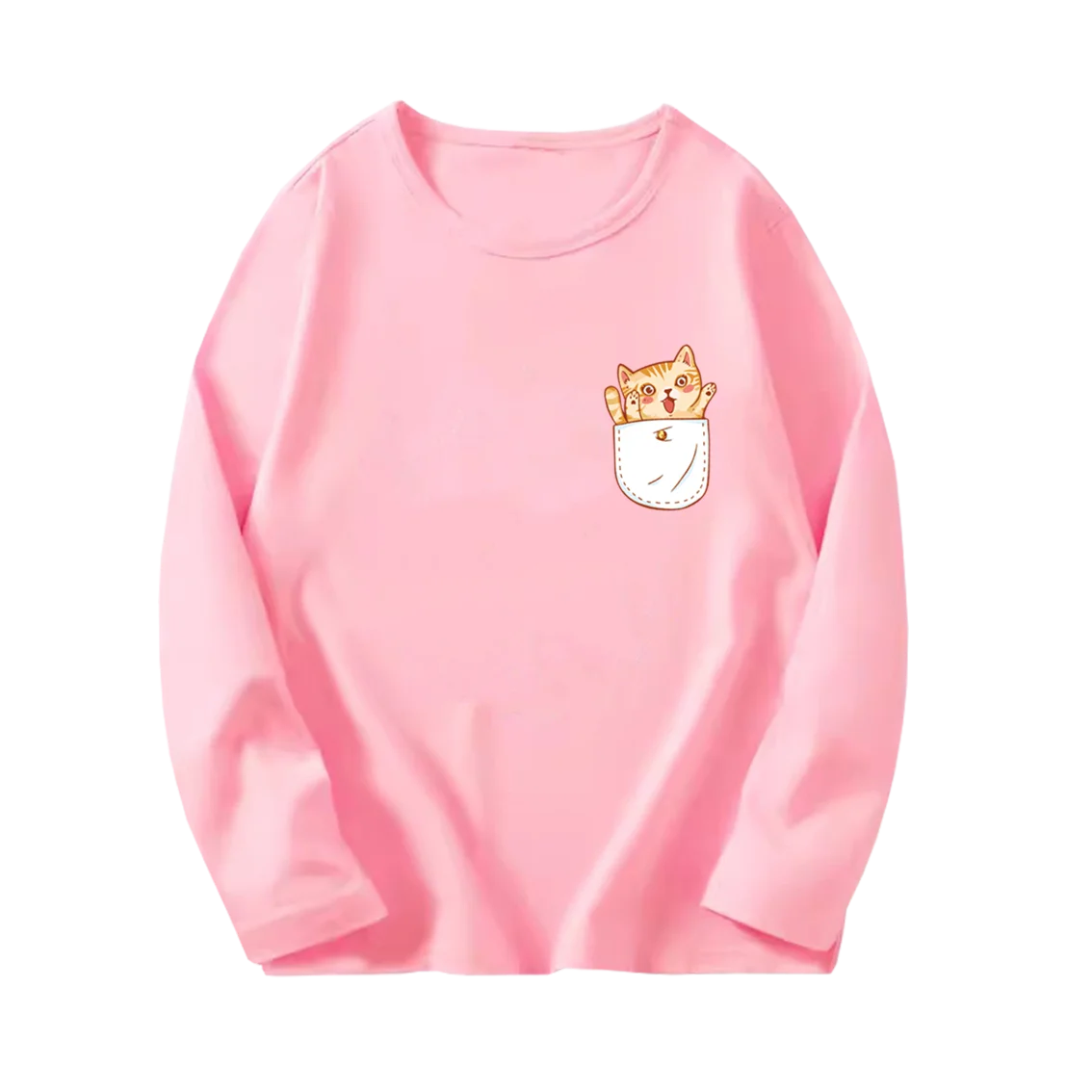 2024 Kids New Pocket Cat Design Long Sleeve T-Shirt Cute Animal Kitty Printed Tops Fashion Girls Spring Autumn Basic Tee