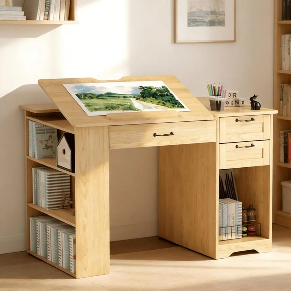 Adjustable Desk with Storage, Open Shelves, and Multiple Uses for Home Office or Art Studio