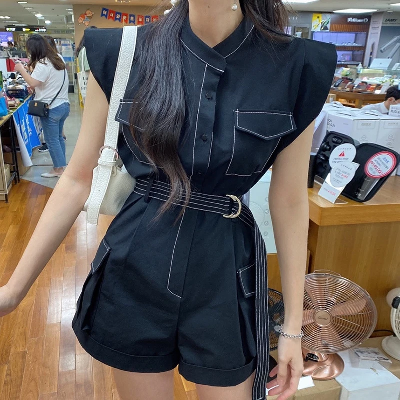 

Retro Chic High Waist Workwear Sle Jumpsuit with Stand Collar Single Button Belted Waist And Puffy Sves Women's Faion
