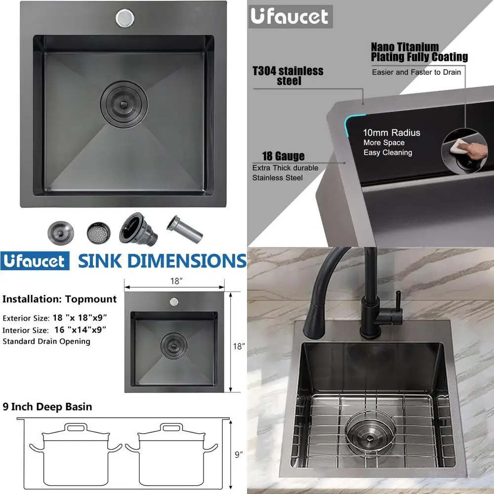 

Stainless Steel 18x18 Inch Bar Sink, Drop-In Style, 16 Gauge, Single Bowl, 9 Inch Deep, RV Utility Kit Prep Sink