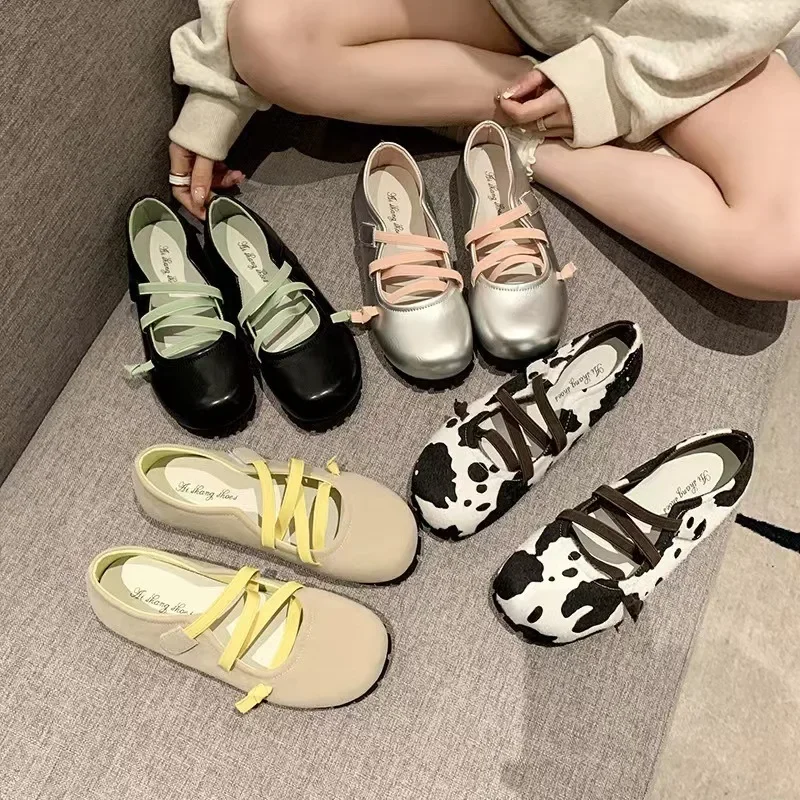 

New Cow Pattern Round Toe Ballet Flats Woman Brand Design Slip-on Shallow Loafers Ladies Soft Cross Elastic Band Ballerina Shoes