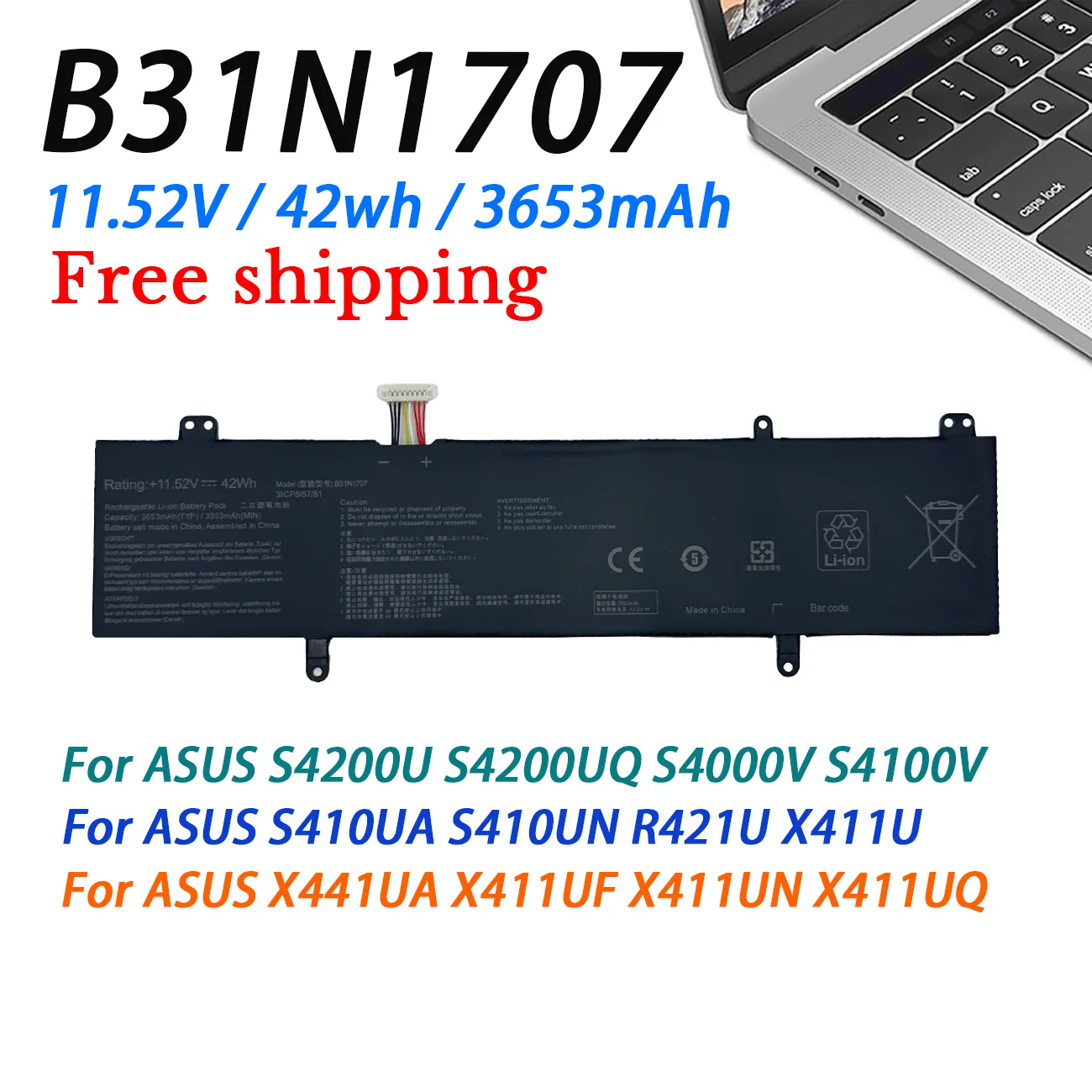 Batería B31N1707 para portátil ASUS VivoBook, S4200U, S4200UQ, S4000V, S4100V, S410UA, S410UN, R421U, X411U, X441UA, X411UF, X411UN, X411UQ, 42W