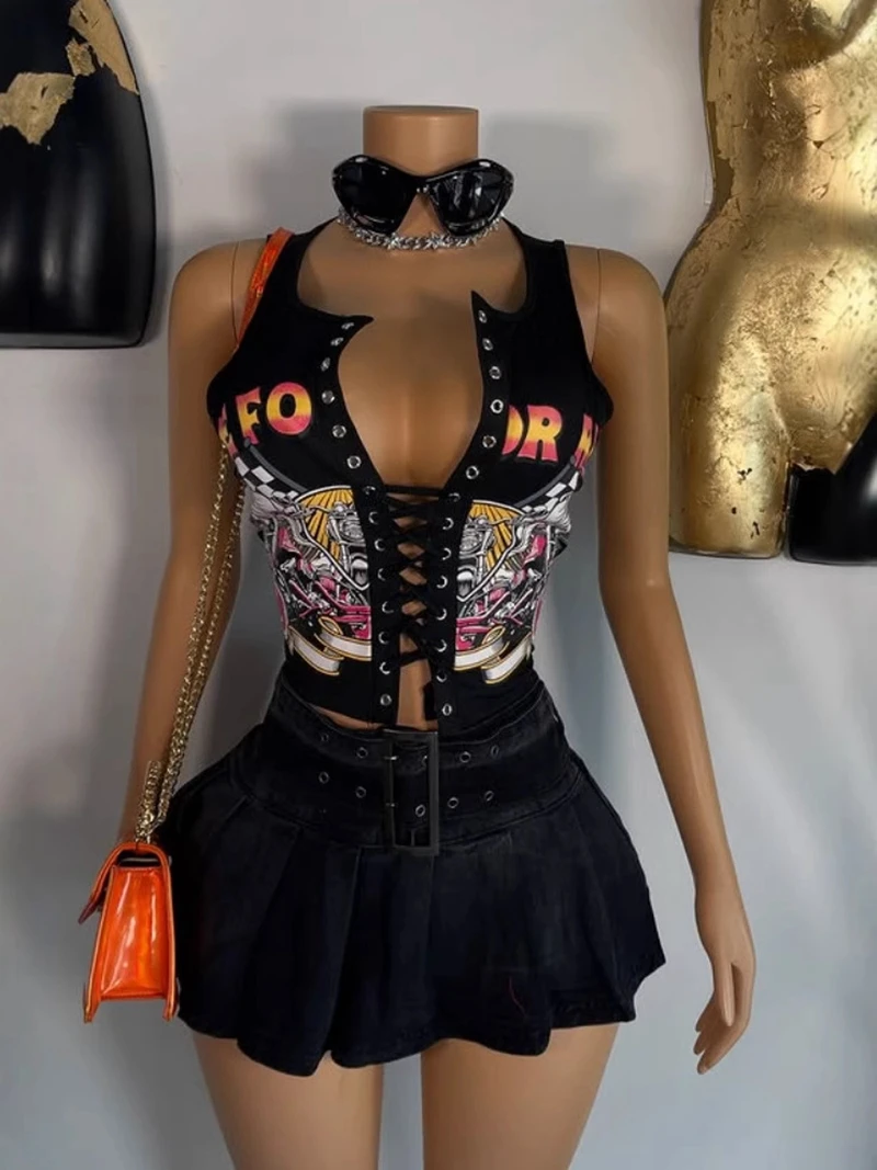 

STYLISH LADY Lace Up Letter Printed Vests 2025 Summer Women Sleeveless V Neck Hollow Out Sexy Club Party Street Crop Tops Tees