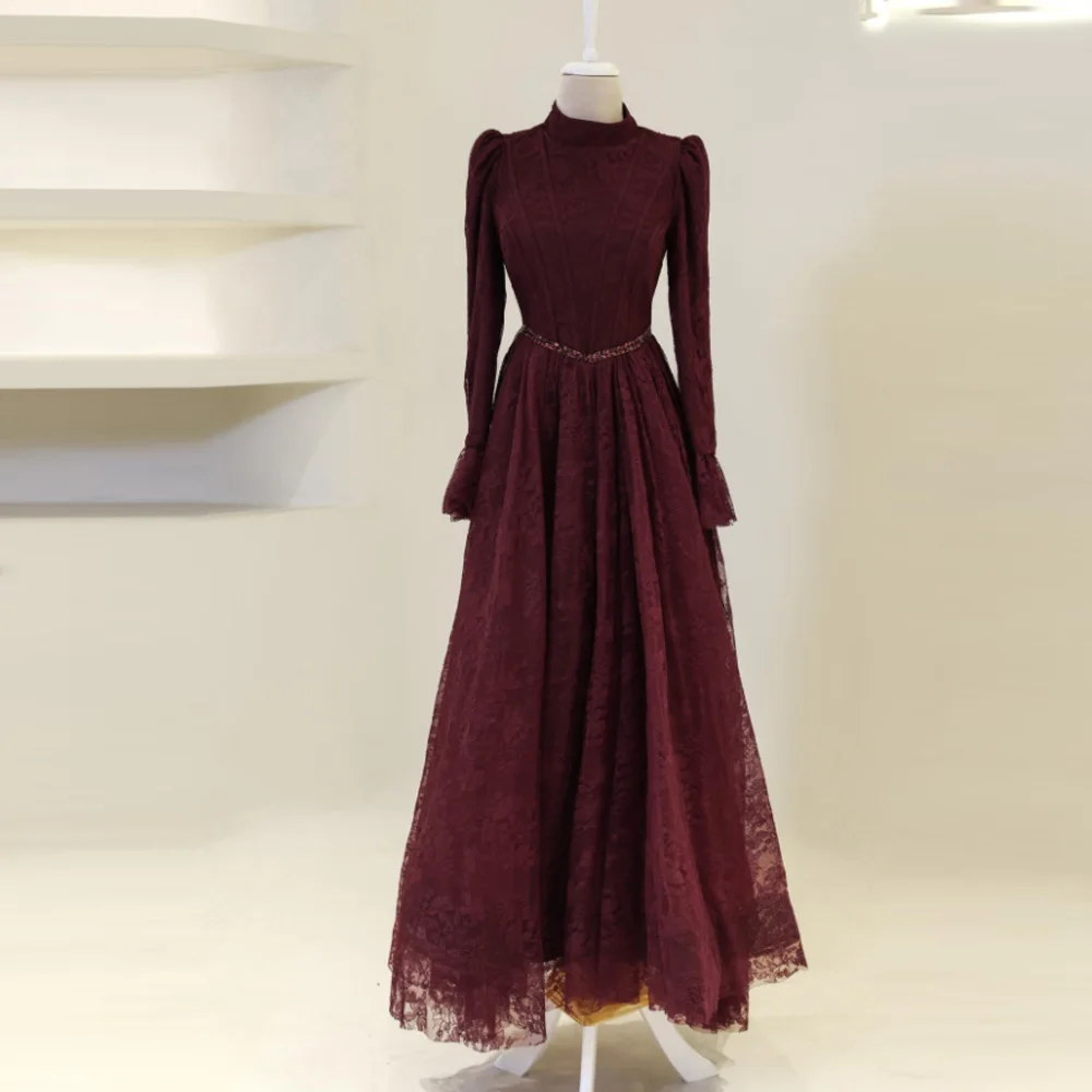 

Customized Lace Evening Dress Robe De Soiree Elegant High Neck Long Sleeves A Line Modest Arabian Party Gown Prom Dresses
