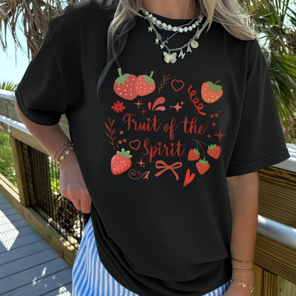 Fruit of the Spirit Christian T Shirt Cute Strawberry Bow Graphic Tops Women Trendy Aesthetic Casual Short Sleeve Tee