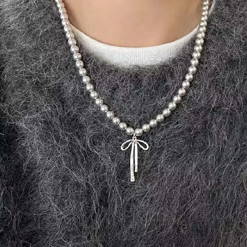 Goth Harajuku Cute Y2K Aesthetic Bowknot Pendant Grey Pearl Beaded Rope Chain Necklace for Girl Choker Cool 90s EMO Accessories