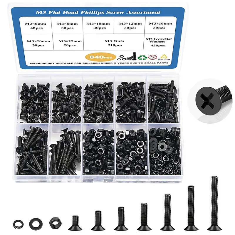 840Pcs 10.9 Grade Black‑Oxide Carbon Steel Phillips Countersunk Head Screws Nuts Washers Assortment Kit, M3 Series 6‑25mm