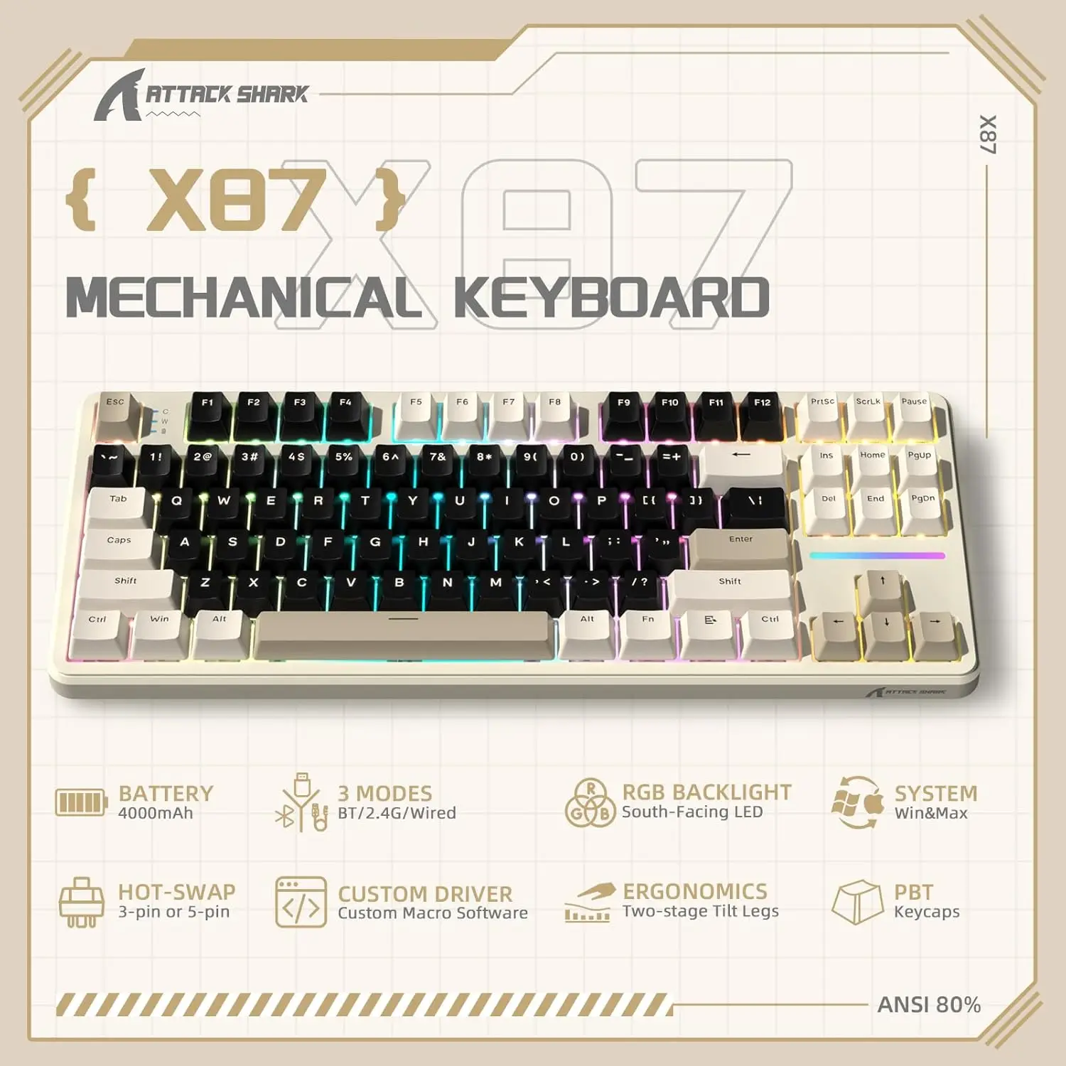 MAMBASNAKE X Attack Shark X87 Wireless Mechanical Keyboard, Hot Swappable Gasket Custom Gaming Keyboard