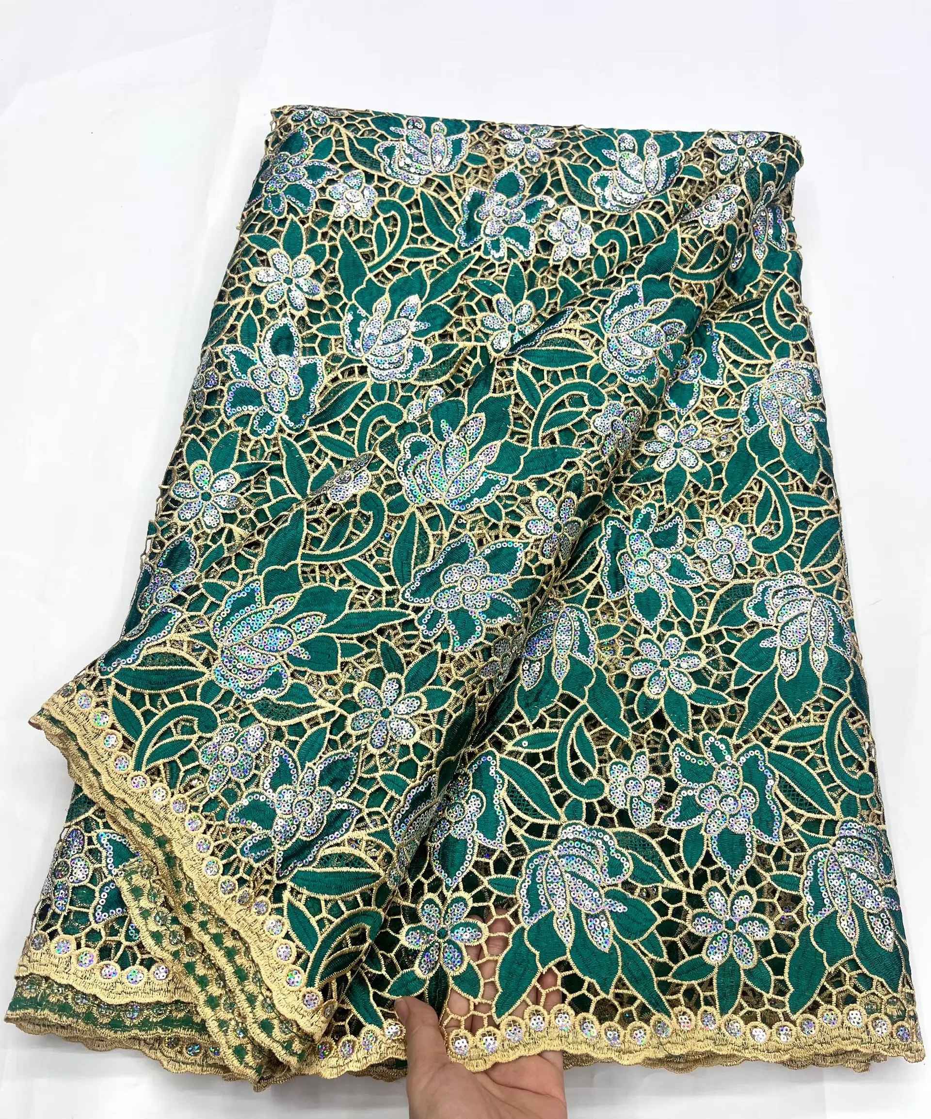 

Новое поступление, зеленый гипюровый шнур с блестками, африканская кружевная ткань, 2022, высокое качество, нигерийская водорастворимая сетчатая кружевная ткань LHD25180