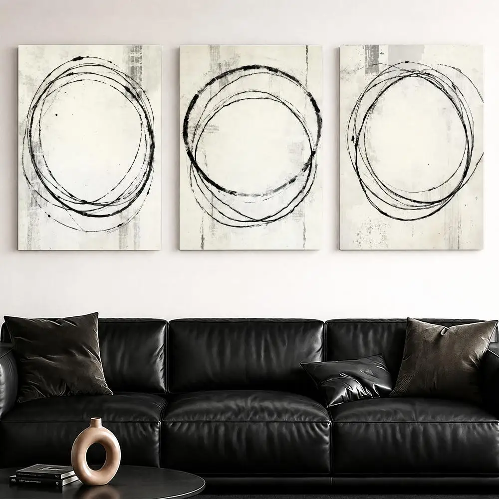 Neutral Enso Circle Art Framed Wall Painting Framed Canvas Wall Art Poster Solid Wood Frame Home Decor