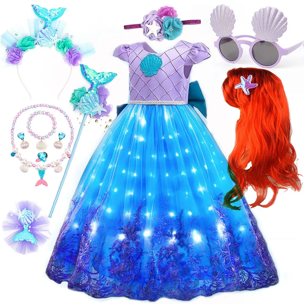 Summer Fantasy Mermaid Blue Led Dresses for Girl Birthday Party Princess Dress Cosplay  Elegant Gown Tutu Dresses+LED Suit