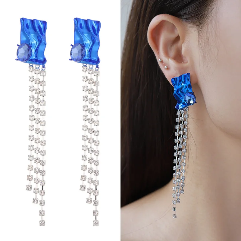 Kenjie Digital Wind Color Metal Earrings Women's Electrophoresis Color Claw Chain Tassel Irregular Texture Exaggerated Stud Earr