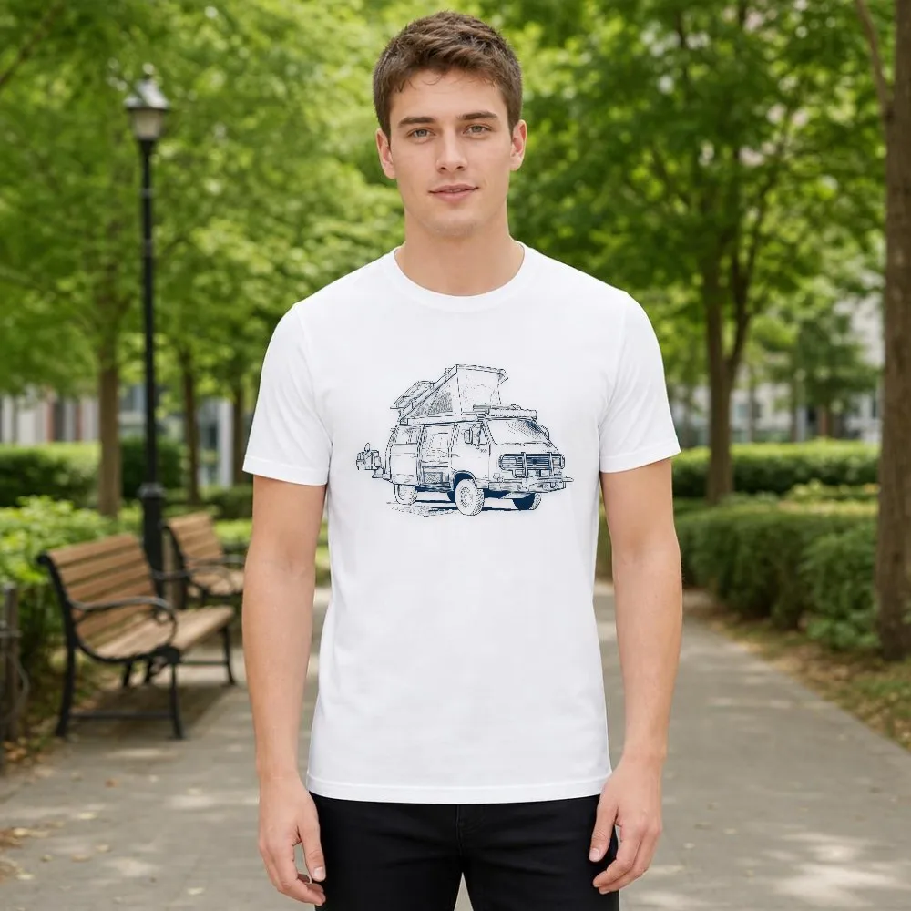 Vintage Graphic Tee Men Overland Camper Van Line Art Offroad Travel Soft Breathable Short Sleeve Daily Streetwear Tops