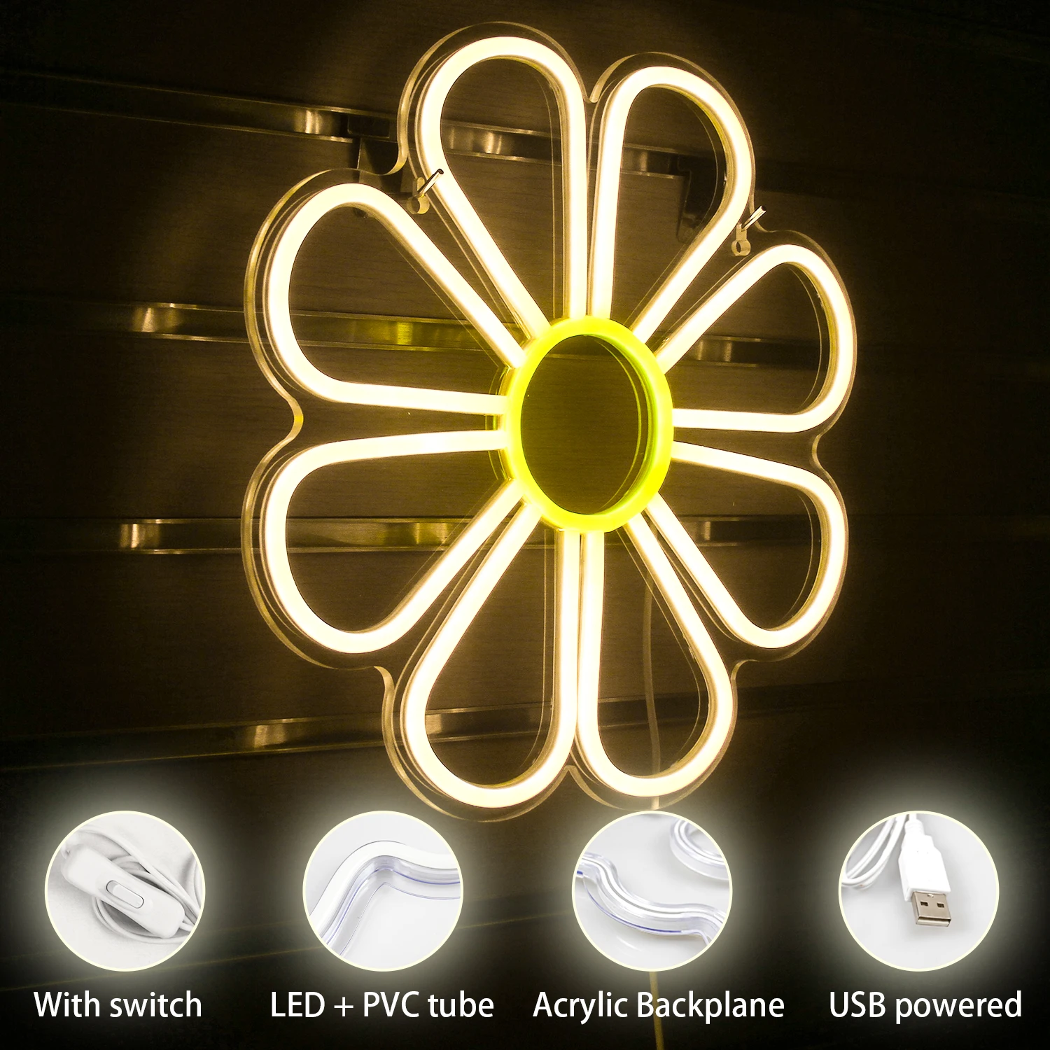 Enseigne au néon LED avec grande fleur, enseignes lumineuses chaudes, décoration de chambre esthétique pour chambre à coucher, maison, bars, mariage, fête d'anniversaire, applique murale