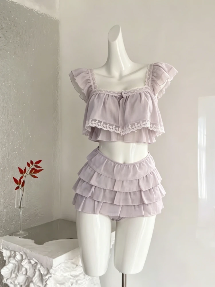 

2026 Summer French Vintage 2 Piece Set for Women Lace Ruffle Tops + High Waist Design Mini Skirt Chic Beach Style Female Outfits