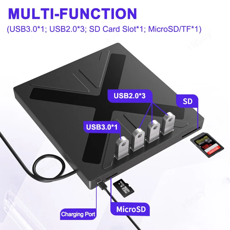 USB3.0 7-in-1ภายนอกดีวีดีออปติคอลไดรฟ์ตัวอ่านเครื่องเล่น CD DVD แบบพกพาเครื่องเขียนที่มีช่องบัตร TF SD สำหรับพีซีแล็ปท็อป