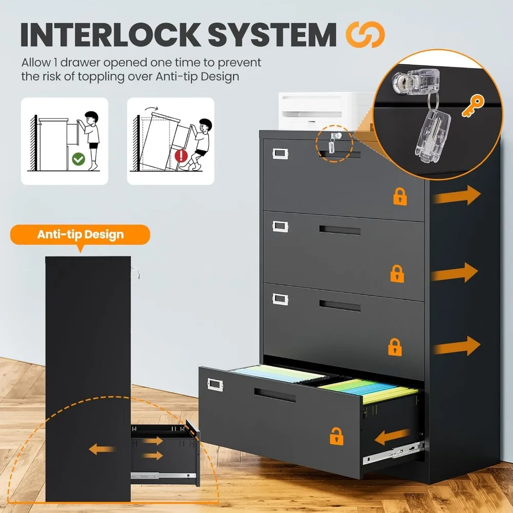خزانة ملفات بأربعة أدراج بقفل معدني للمكتب المنزلي، حل تخزين أسود مع أمان وتنظيم