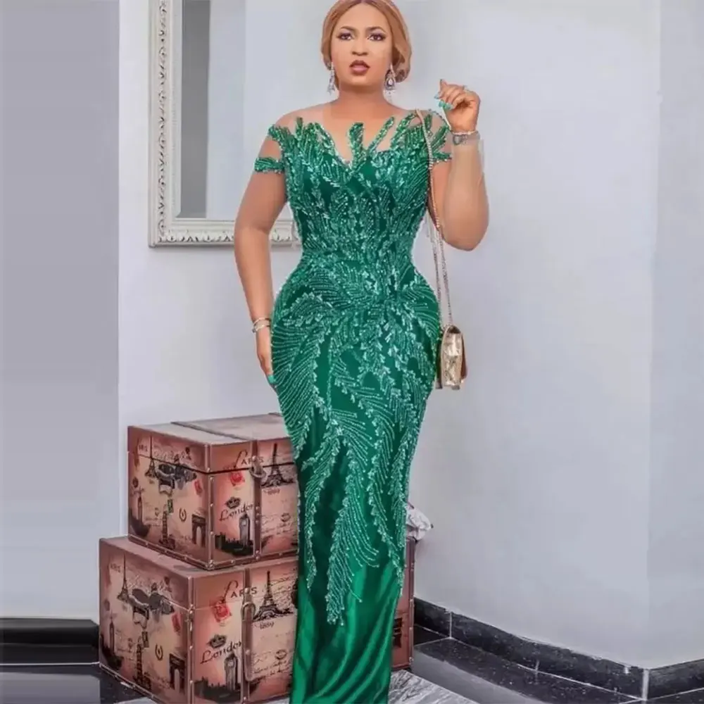 Vestidos de noche con cuentas y purpurina verde, vestidos de fiesta con apliques de lujo para mujer, vestido de sirena hasta el suelo para fiesta de boda, vestido para ocasión Formal