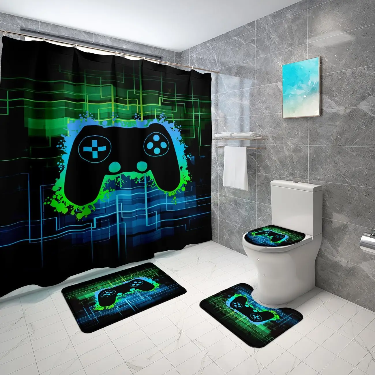 

4Pcs Gamepad Controller Shower Curtain - Game Shower Curtain Set Video Gamepad Bathroom Set with Rug,Toilet Cover,U Shaped