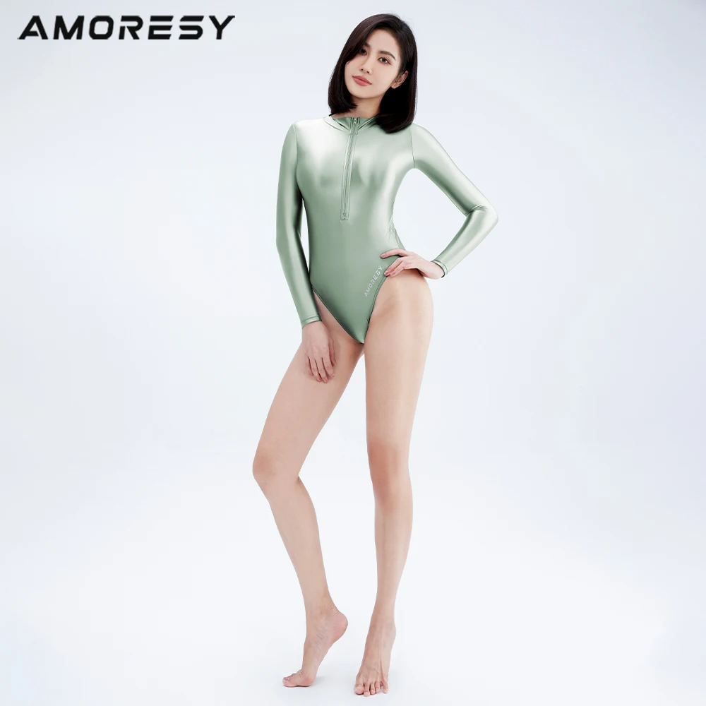 AMORESY Women\'s Swimsuit Front Zipper Japanese Sexy Monokini One Piece Long Sleeve Female Bathing Summer Suit Shiny Swimwear