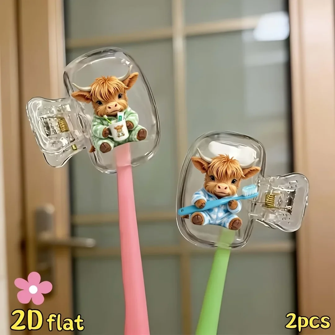 2pcs Polka Dot Highland Cow Transparent Toothbrush Dust Cover Suitable for Travel Sets Essentials Dormitory Use Gift For Friends