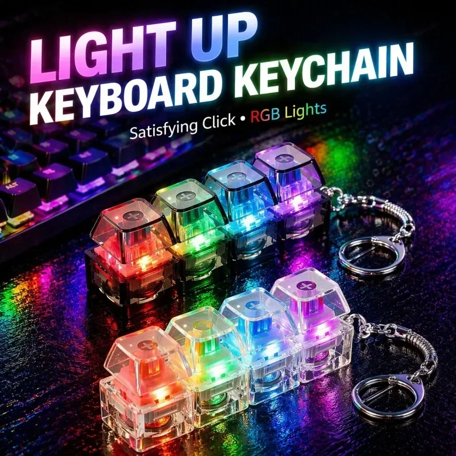 1-10PCS Light-Up Keyboard Keychain Stress Relief Clickable LED Button Toy for Anxiety Relief Fun Novelty Desk Accessory Unique