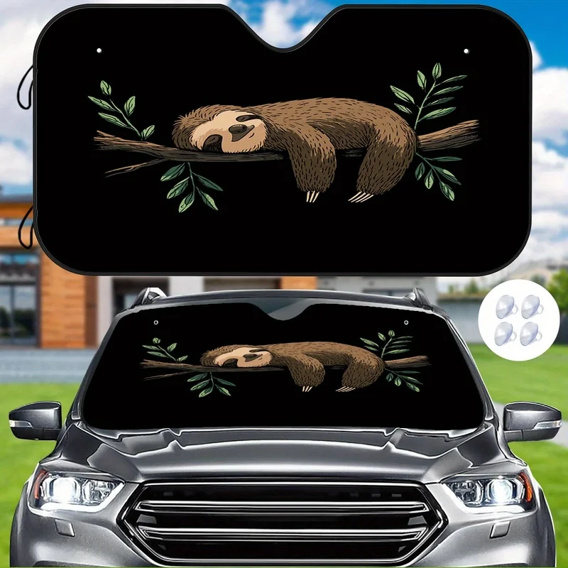 Sloth on Branch Illustration Car Sunshade, Heat-Resistant and Scratch-Proof Includes Suction Cups for Installation
