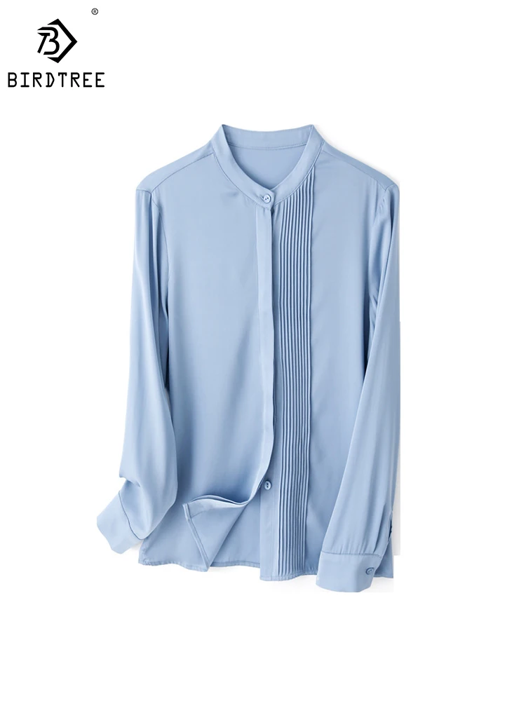 

Birdtree 91.8%Mulberry Silk Spring/Summer Shirt Long Sleeve Elegant Accordion Wrinkle Vrsatile Simple Shirt T37043QD