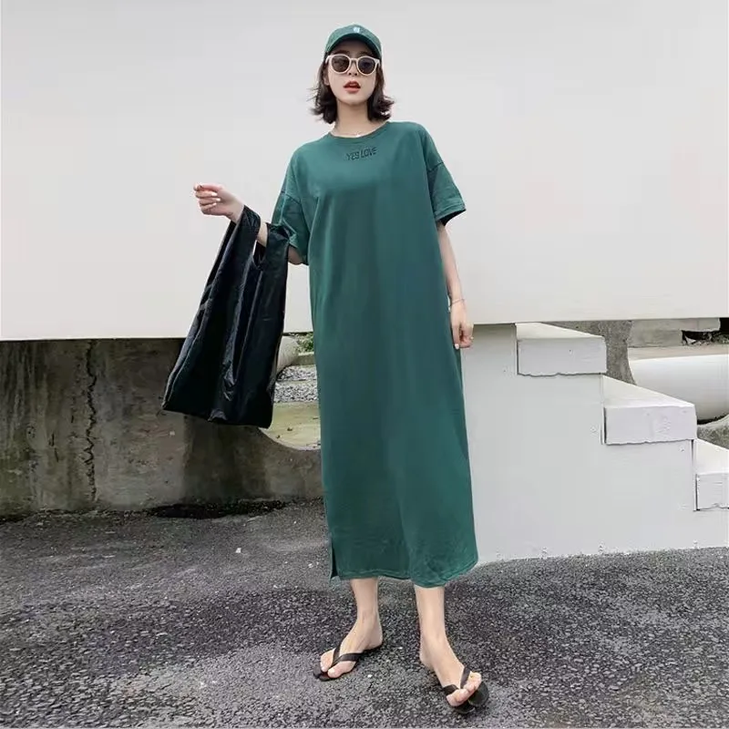 Elbise-Robe à manches courtes pour femmes, robe ample, simple et décontractée, t-shirts basiques, robes longues, style coréen, grande taille, été,