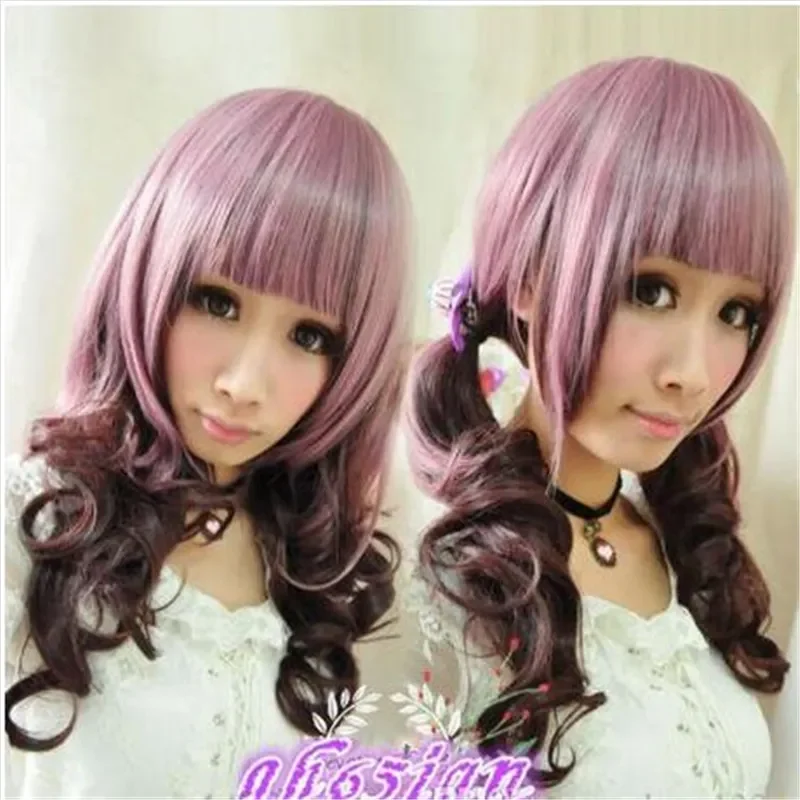 Lolita wig cosplay Harajuku, wig cosplay panjang keriting, ungu muda campur