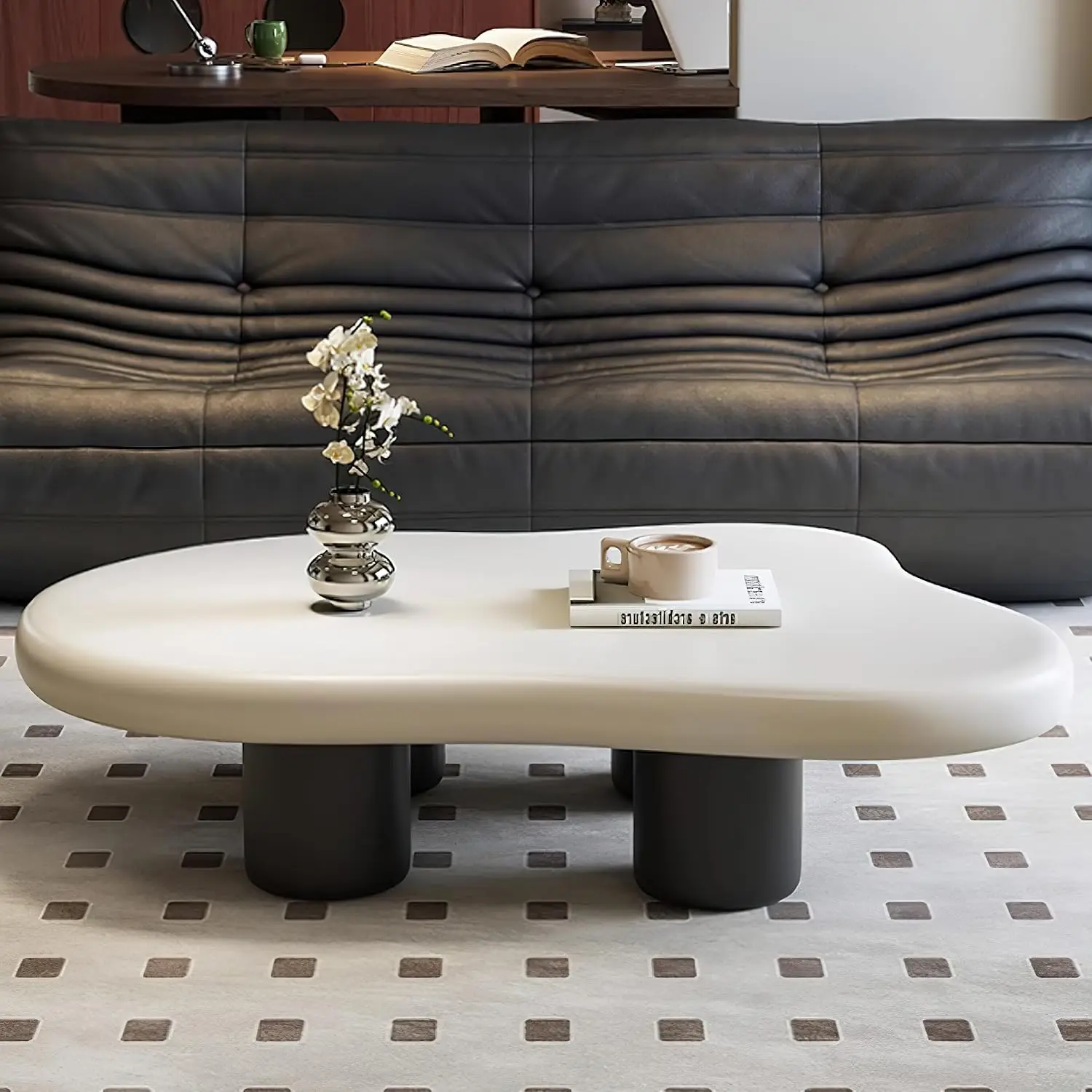 48 Inch Cloud Coffee Table Modern Wood Side Table Irregular Top 4 Legs Living Room Home Office Bedroom White Black, Customized