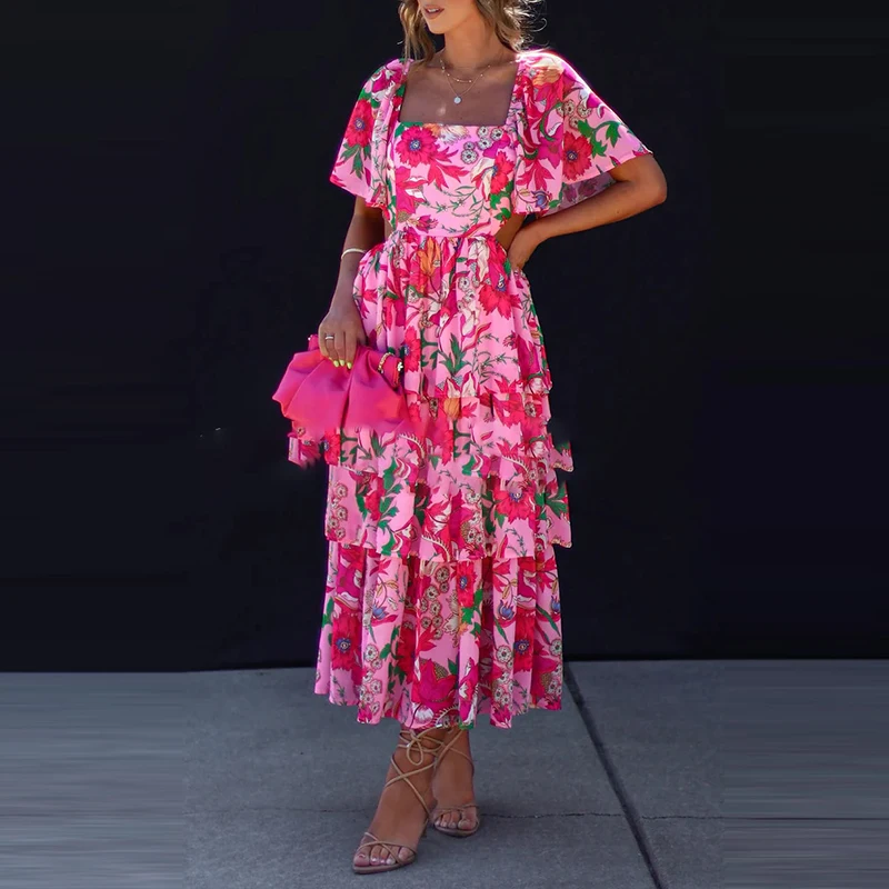 Sexy gola quadrada manga curta vestido de festa feminino casual em camadas plissado vestido boêmio novo floral impressão cintura oca vestido longo