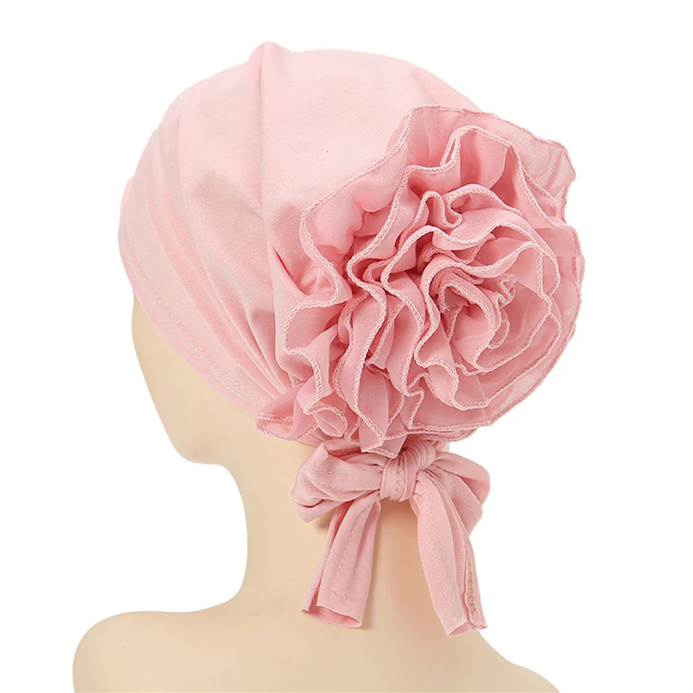 Women Big Floral Lace Turban Hat India Cap Muslim Hats Hairnet Chemo Cap Flower Bonnet Beanie Pure Color Muslim Hair Scarf Hat