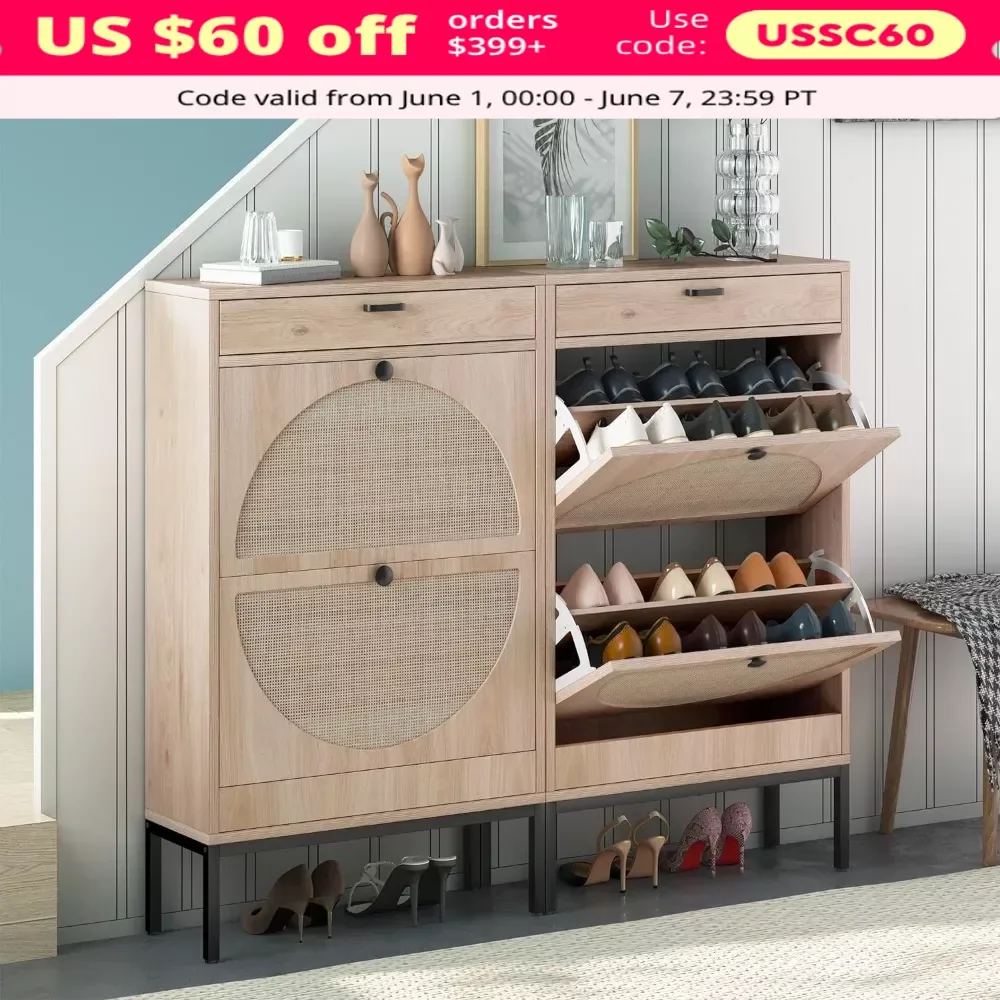 

Shoe Cabinet, 2 Flip Drawers, Slim Entryway Shoe Organizer with With Adjustable Shelve, Woven Rattan Doors, Shoes Cabinets