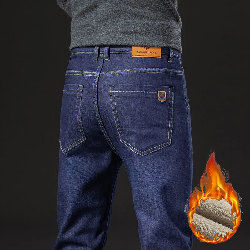 2026 New Men High Waist Blue Black Jeans Male Lamb Fluff Warm Denim Pants Fashion Baggy Straight Leg Fleece Trousers