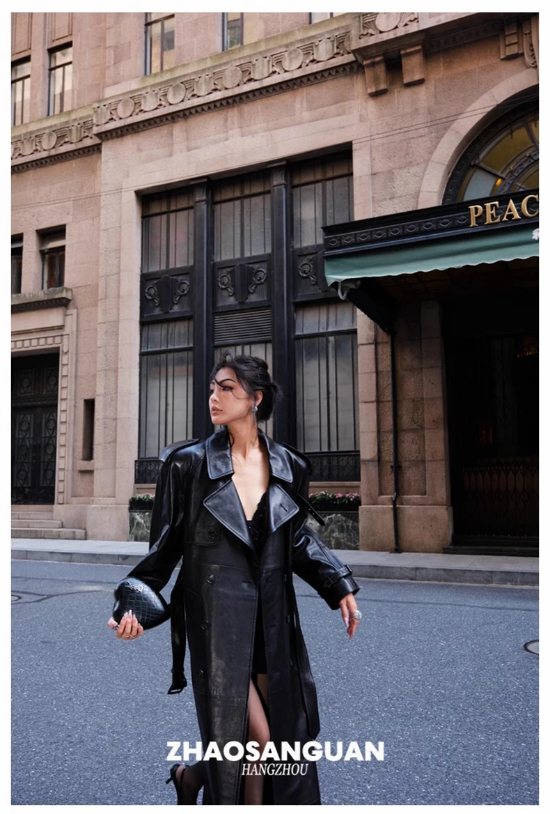 Lautaro Spring Autumn Cool Extra Long Black Loose Pu Leather Trench Coat for Women with Shoulder Pads Belt European Fashion 2024