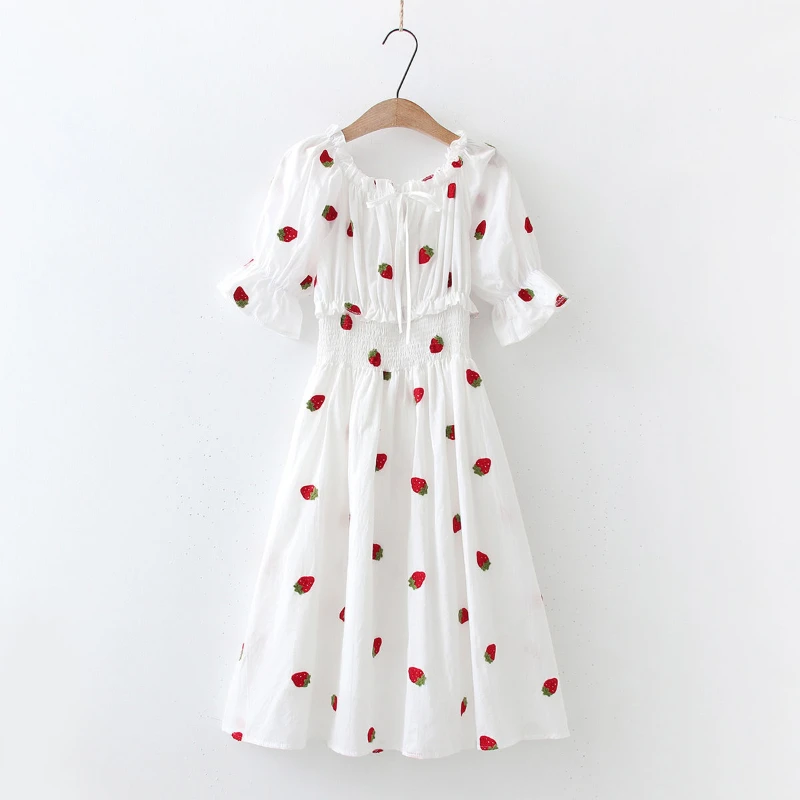 

2024 Summer Strawberry Dress Embroidery Sexy elastic waist Midi Dresses Casual Short Sleeve Beach Party Dress Femme Vestidos